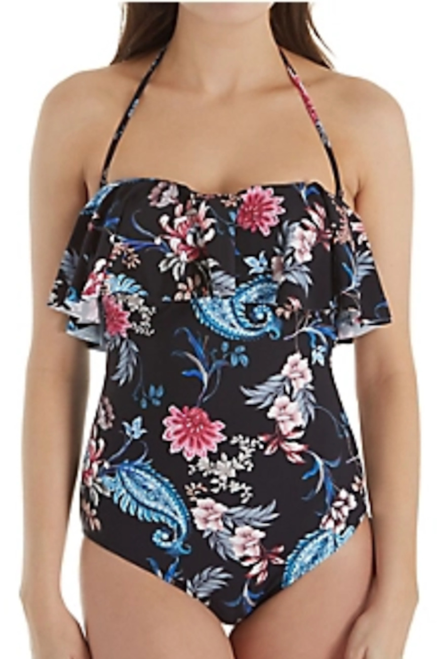 SEAFOLLY BLACK WINTER GARDEN C/D CUP RUFFLE BANDEAU ONE PIECE SWIMSUIT SZ US 8
